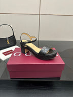Gucci black heeled slide sandals with ankle strap and GG monogram texture