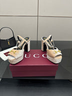 Beige and gold platform sandals with thick block heels and gold buckle sling straps