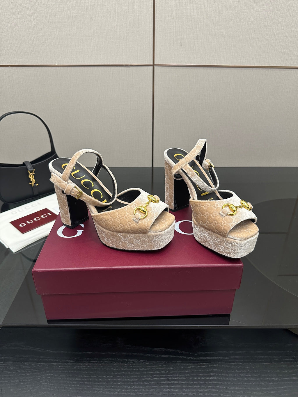 Beige and gold textured platform sandals with chunky heels and slingback straps