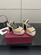 Beige and gold textured platform sandals with chunky heels and slingback straps