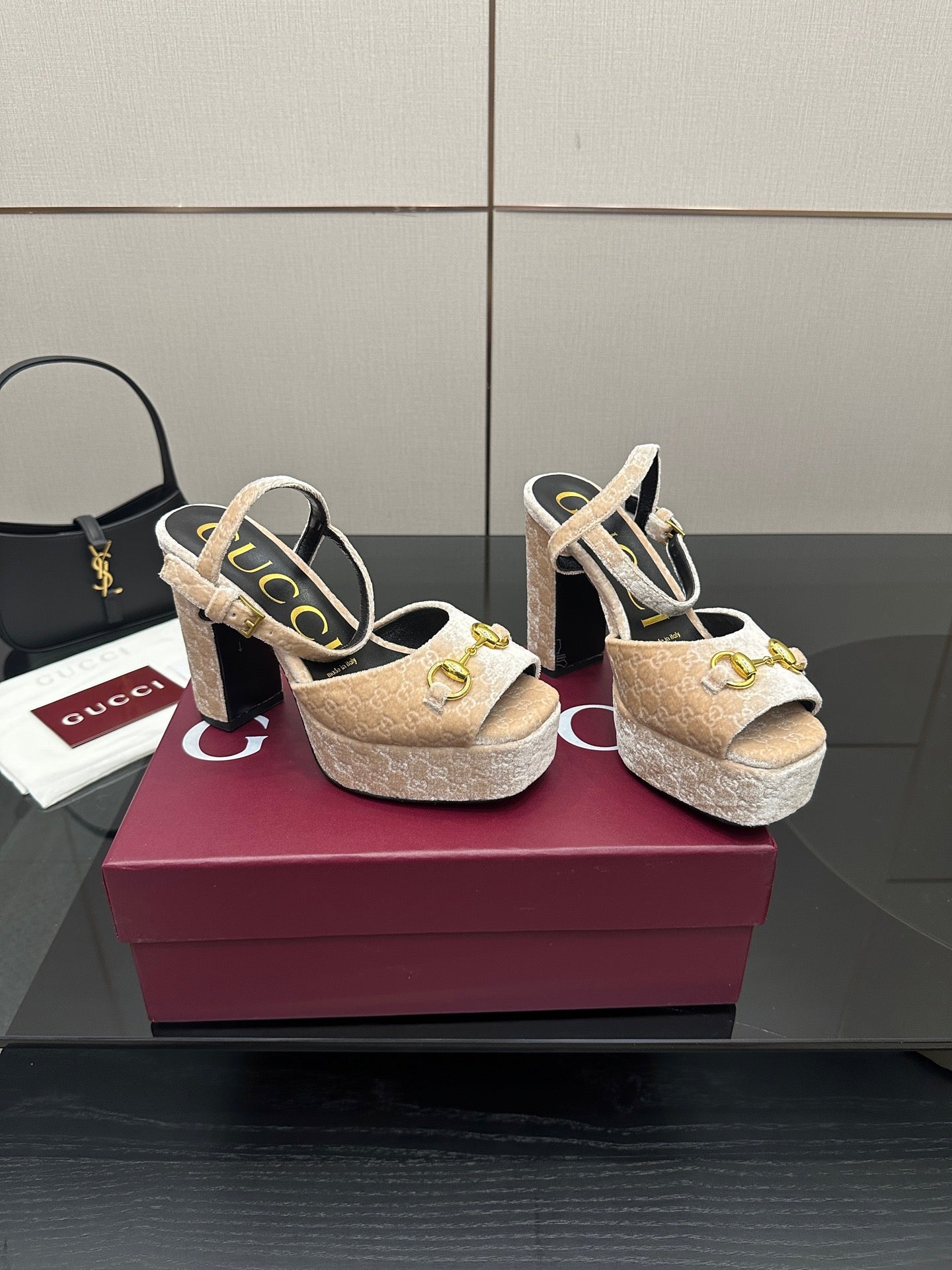 Beige and gold textured platform sandals with chunky heels and slingback straps