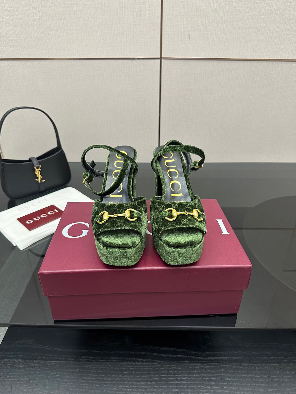 Gucci ladies green patterned platform heels with ankle straps and gold-tone hardware