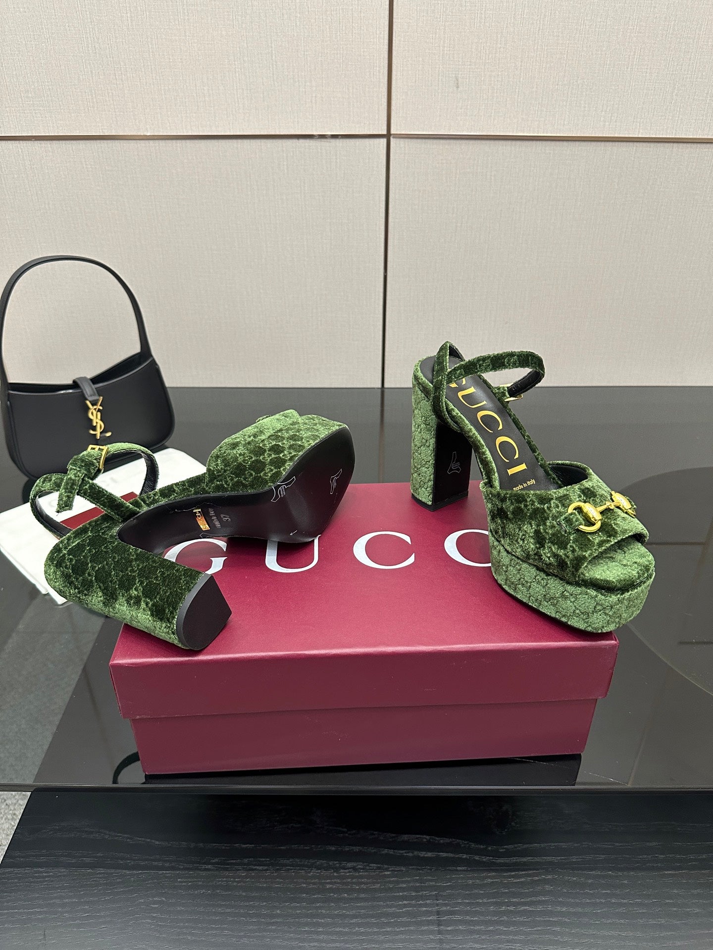 Gucci ladies green patterned platform heels, open toe view with chunky block heel