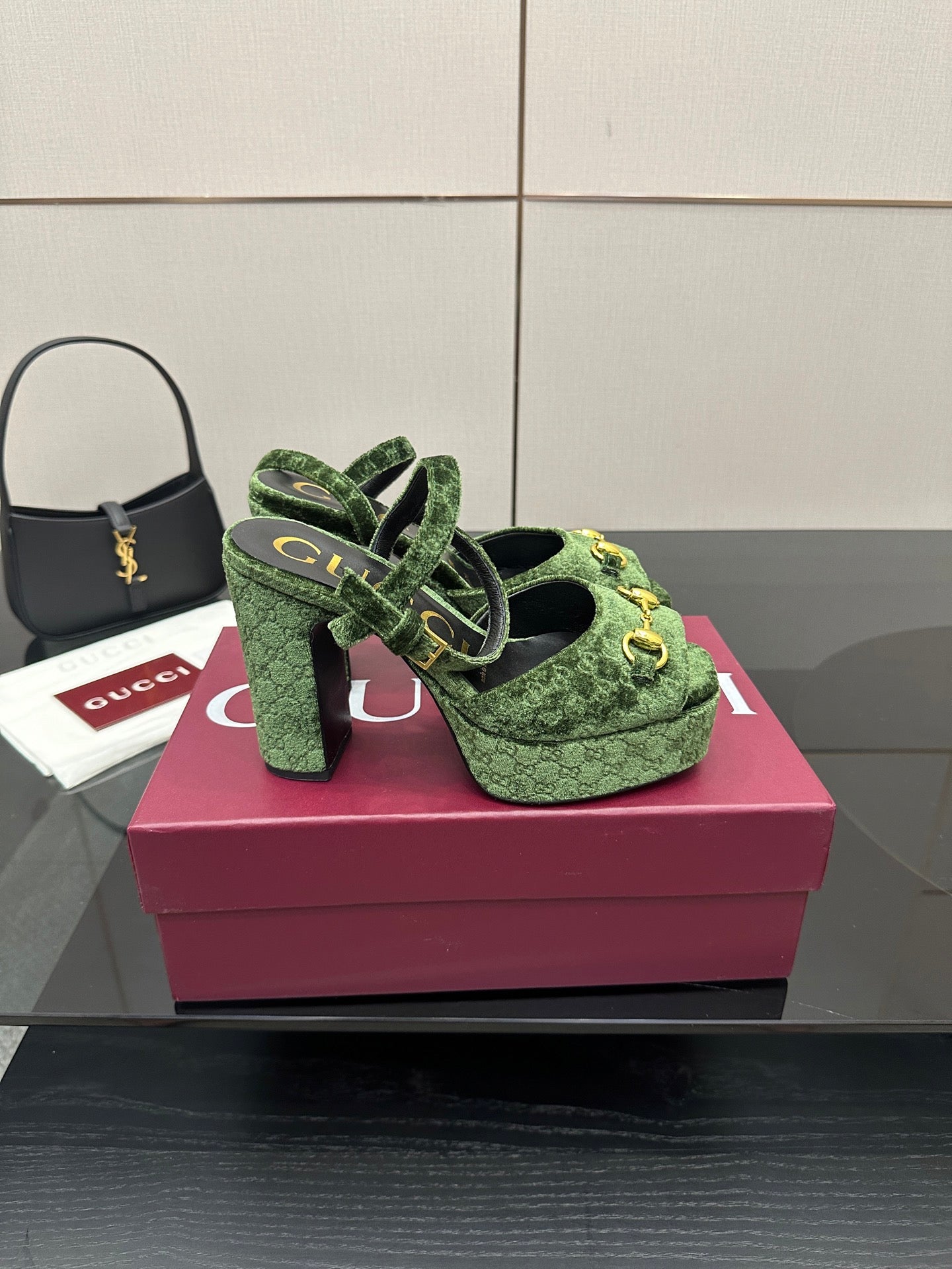 Gucci ladies green patterned platform heels with ankle straps and black chunky heel