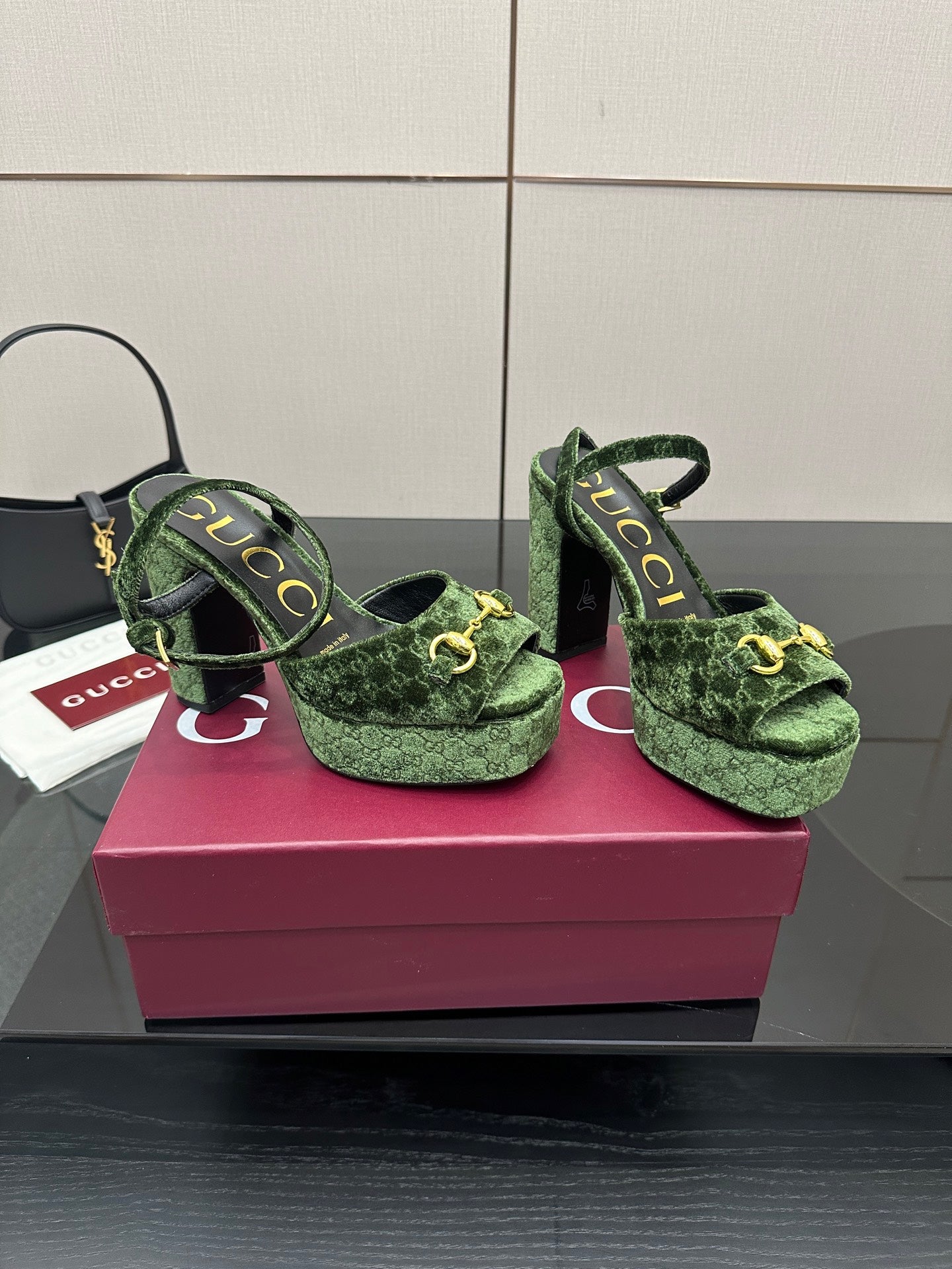 Gucci ladies green patterned platform heels, front view with chunky black heel