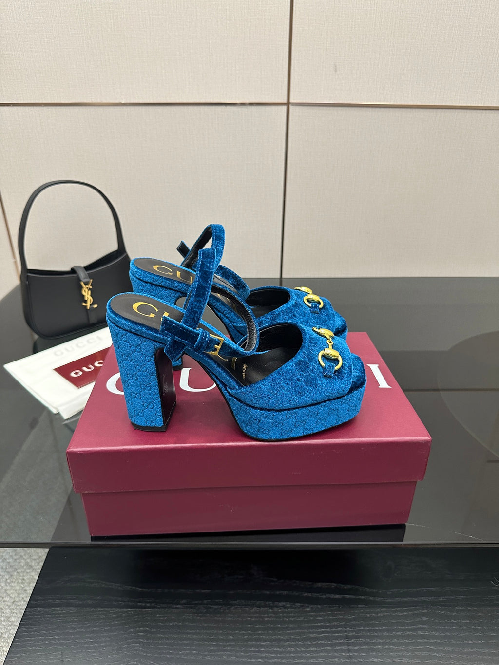 Gucci blue velvet platform heeled sandals, front angle with gold horsebit hardware