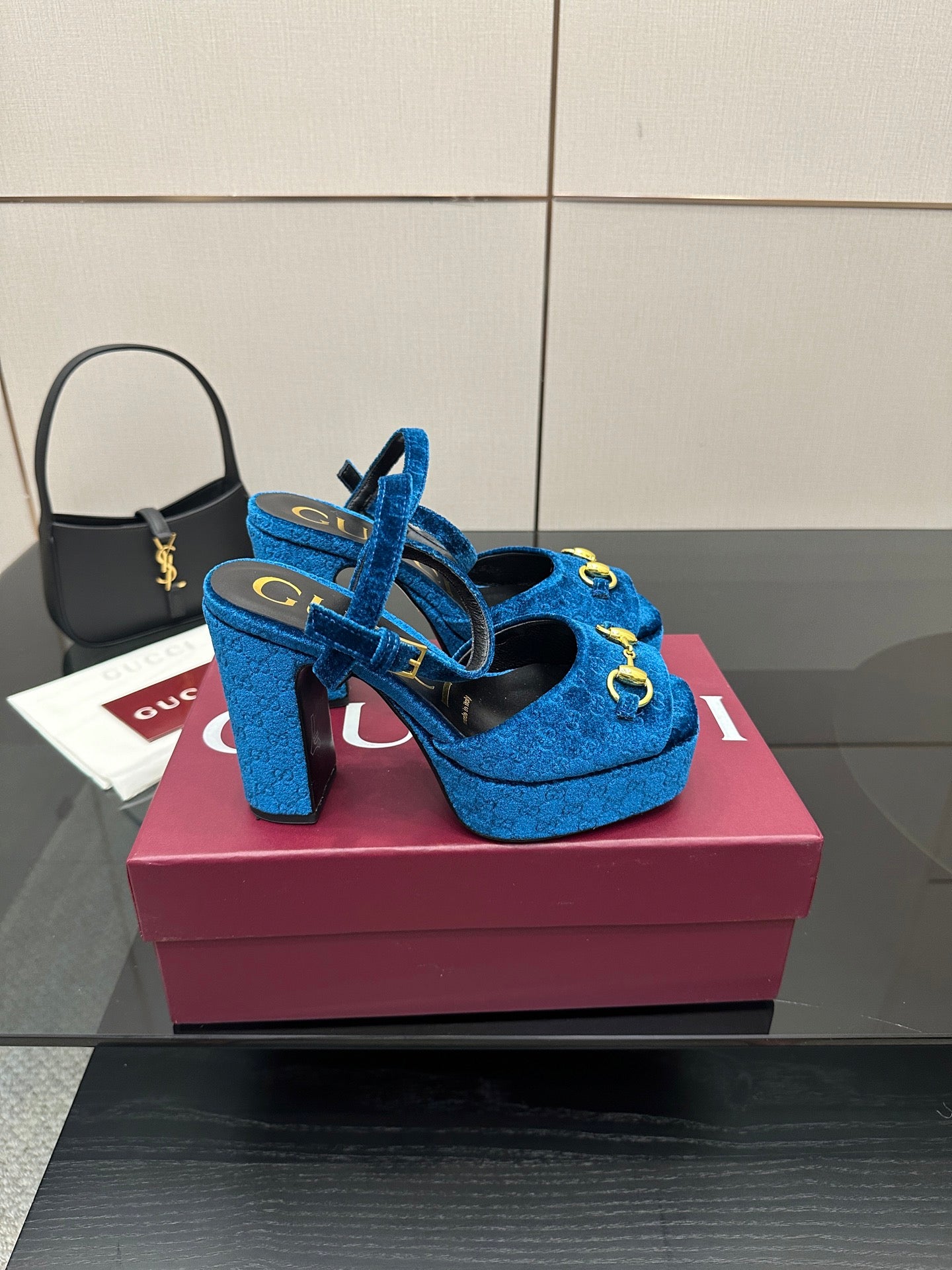 Gucci blue velvet platform heeled sandals, front angle with gold horsebit hardware