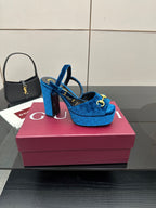 Gucci blue velvet platform heeled sandals with gold horsebit buckle and block heel