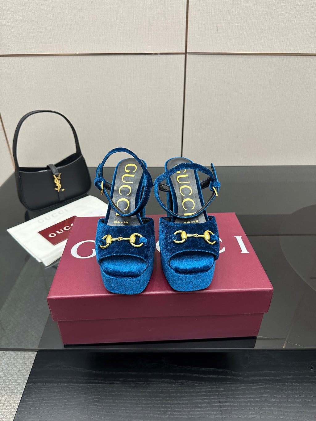 Gucci blue velvet platform heeled sandals with gold horsebit strap detail
