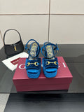 Gucci blue velvet platform heeled sandals with gold horsebit strap detail