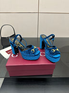 Gucci blue velvet platform heeled sandals, side view with gold horsebit detail