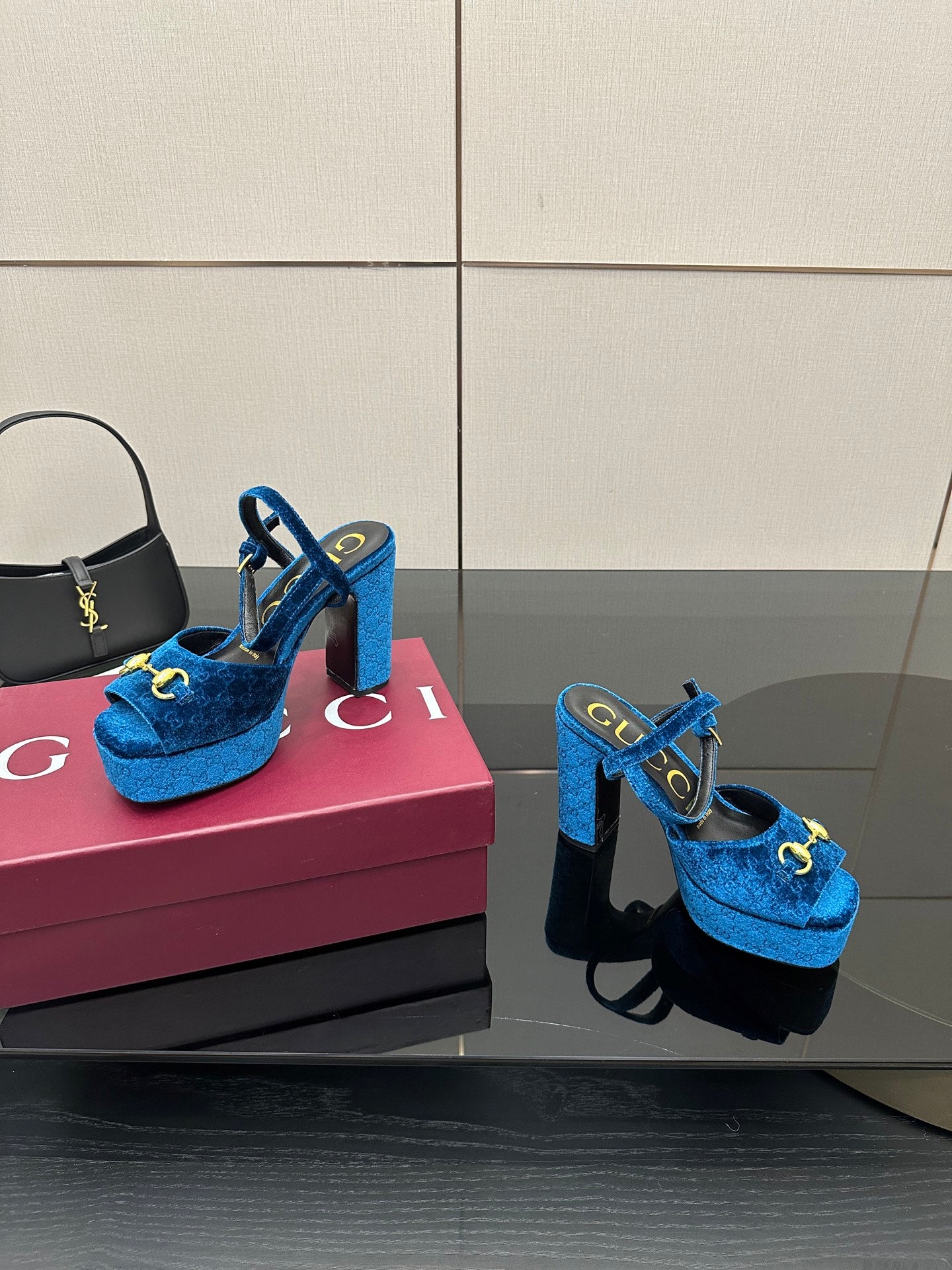 Gucci blue velvet platform heeled sandals with gold horsebit strap detail on box