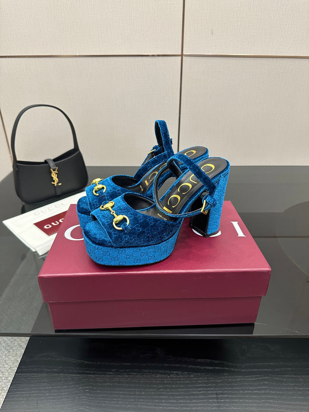 Gucci blue velvet platform heeled sandals with gold horsebit and ankle strap