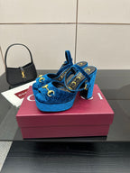 Gucci blue velvet platform heeled sandals with gold horsebit and ankle strap