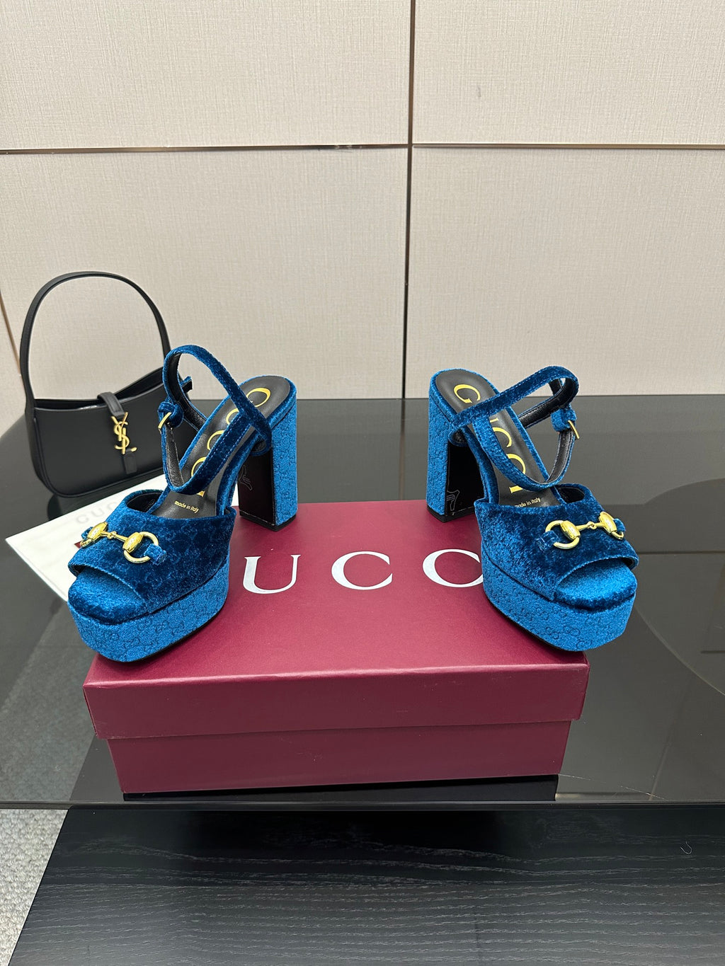 Gucci blue velvet platform heeled sandals with gold horsebit buckle on block heel