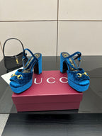 Gucci blue velvet platform heeled sandals with gold horsebit buckle on block heel