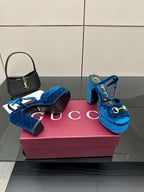 Gucci blue velvet platform heeled sandals with gold horsebit and blue lace tie