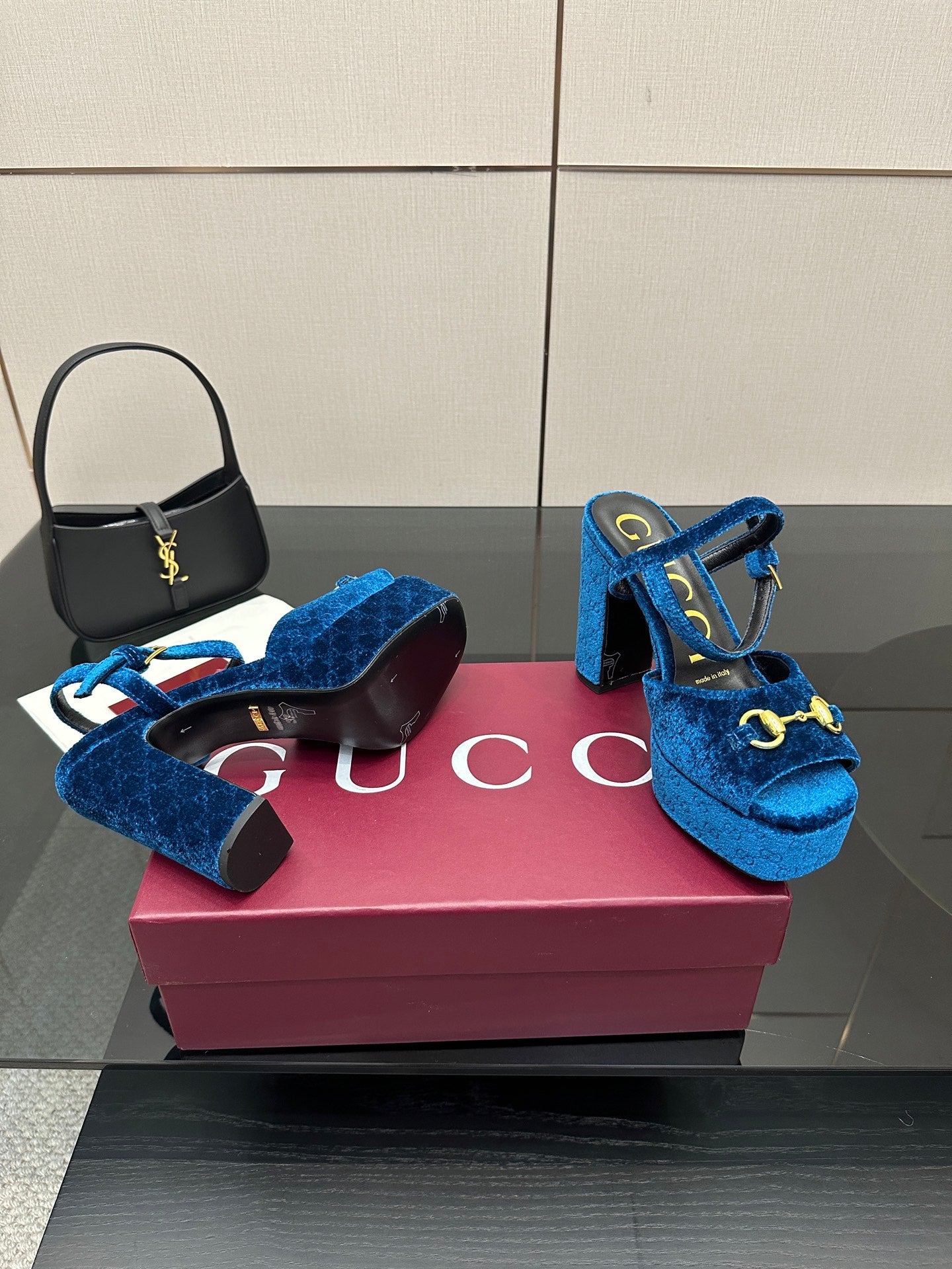 Gucci blue velvet platform heeled sandals with gold horsebit and blue lace tie