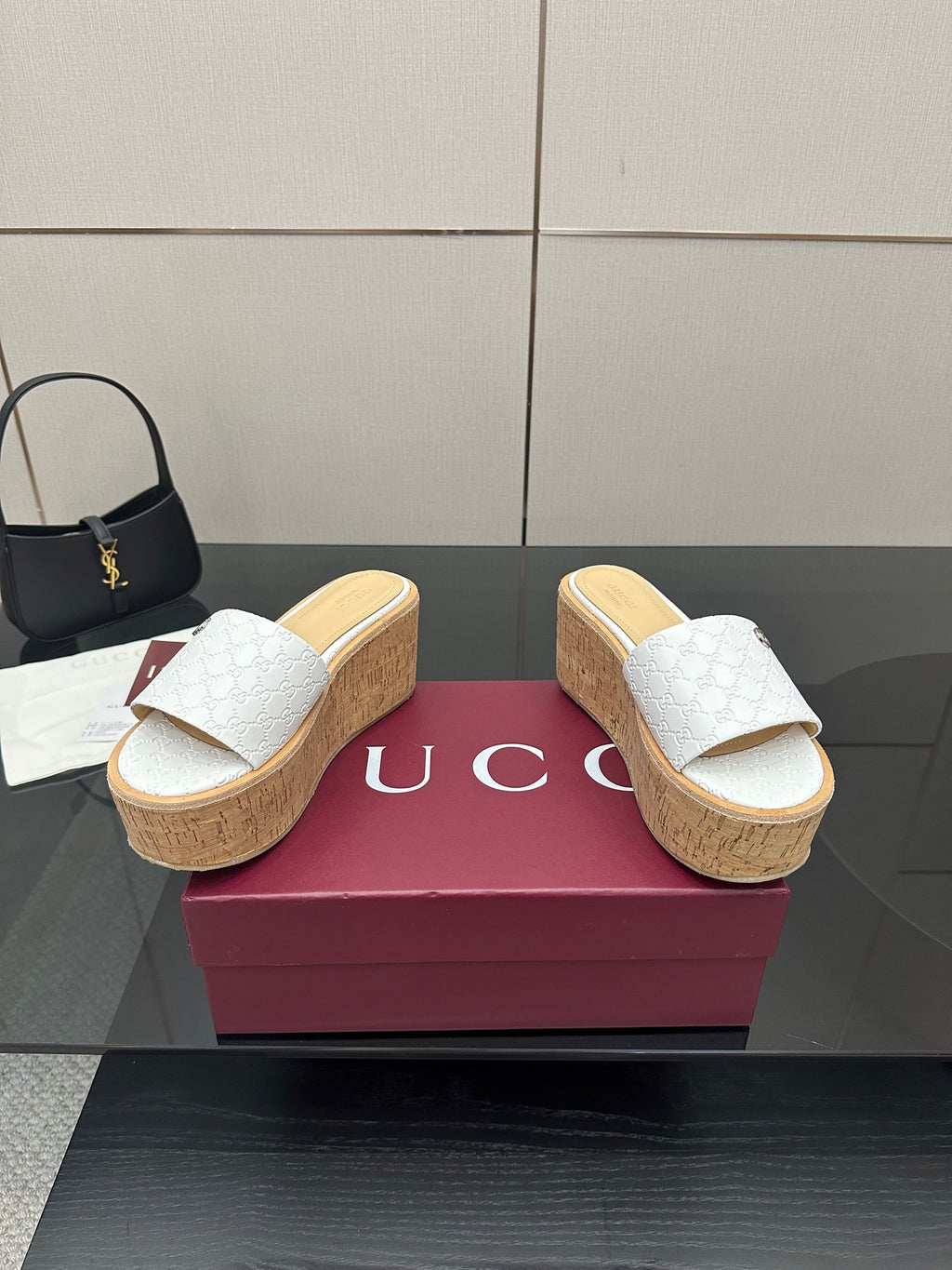 Gucci women's slide sandals, white textured leather, cork wedge platform sole