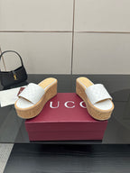 Gucci women's slide sandals, white textured leather, cork wedge platform sole