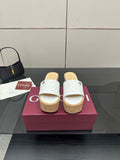 Gucci women's platform slide sandals, white textured leather, cork wedge sole