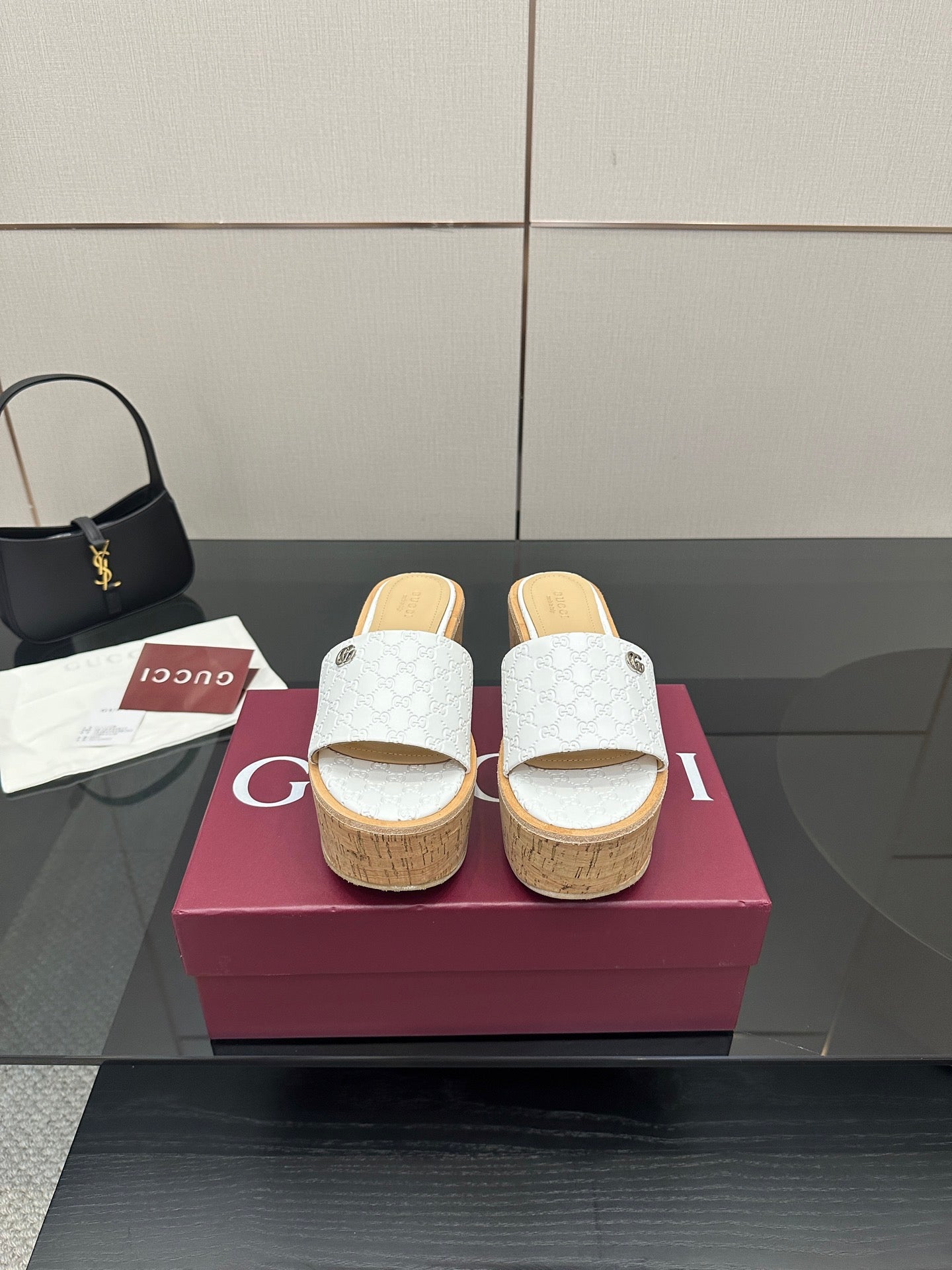 Gucci women's platform slide sandals, white textured leather, cork wedge sole