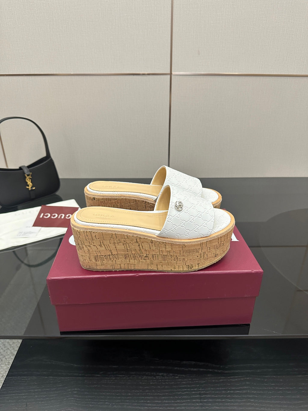 Gucci women's slide sandals, white textured upper, cork wedge platform sole
