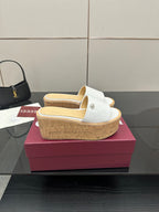Gucci women's slide sandals, white textured upper, cork wedge platform sole