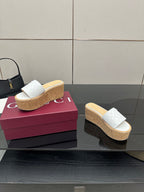 Gucci women's slide sandals, white upper, cork wedge platform sole on boxes
