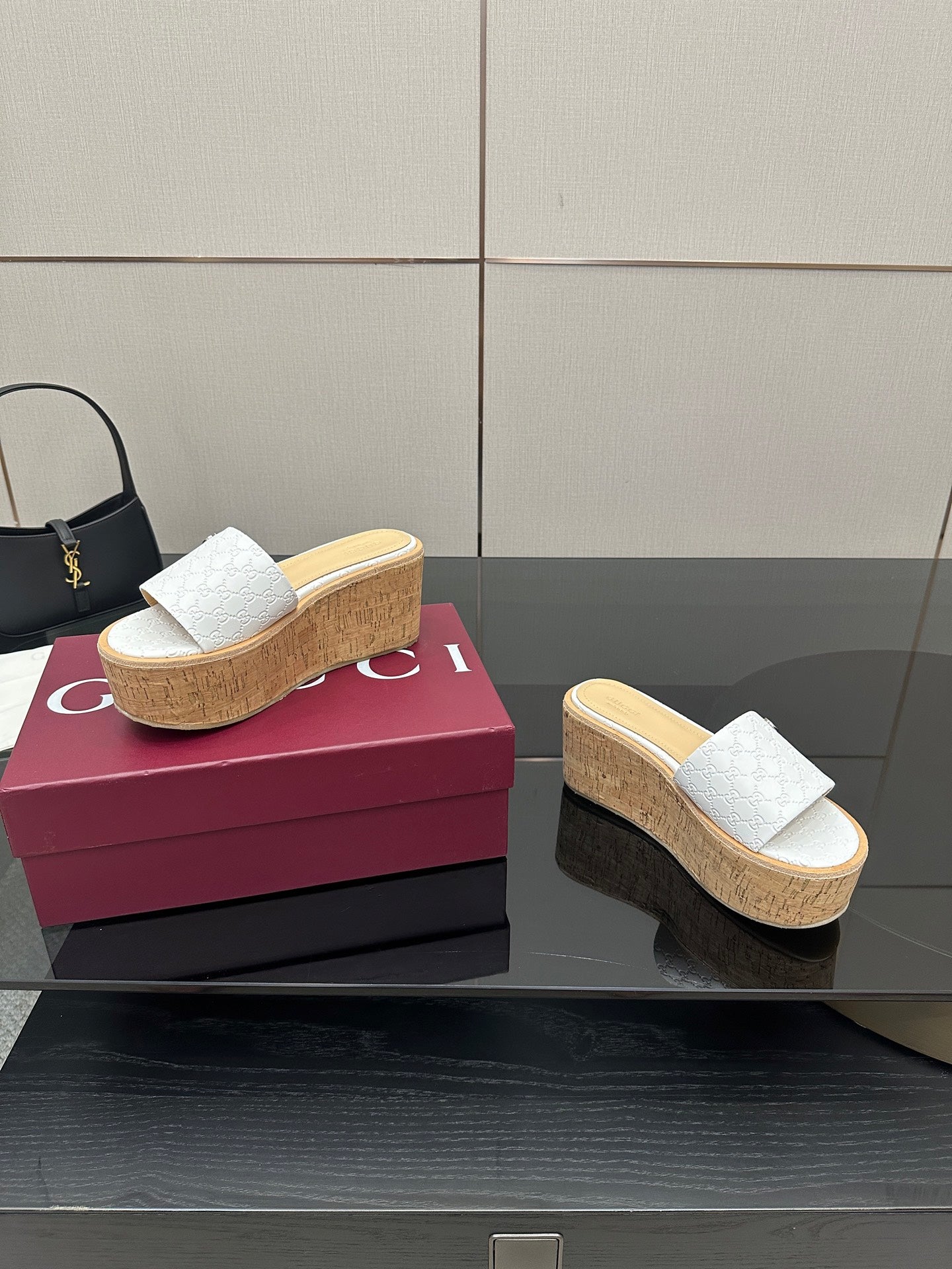 Gucci women's slide sandals, white upper, cork wedge platform sole on boxes