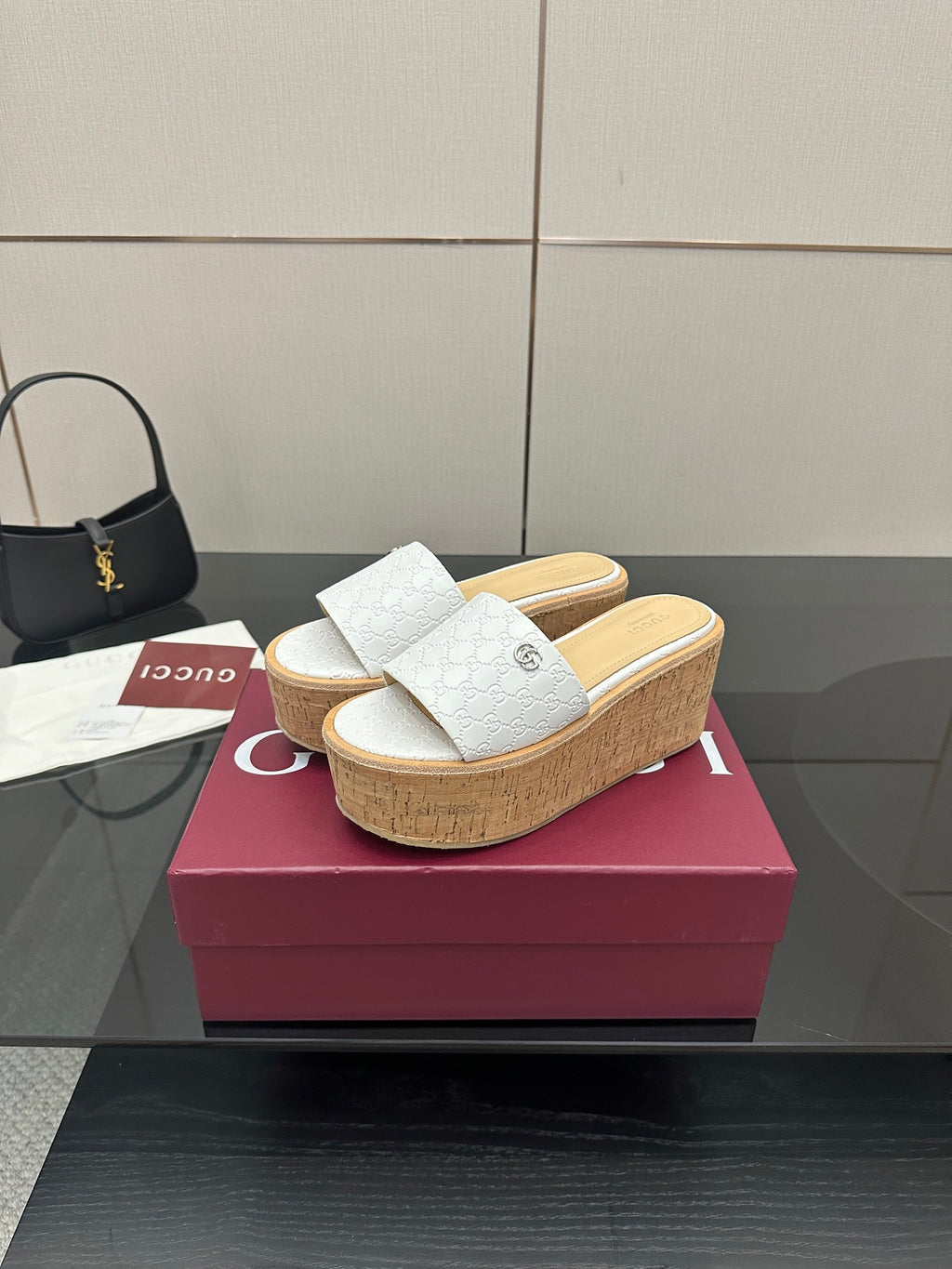Gucci women's slide sandals, white textured upper, cork platform wedge sole