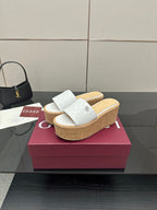 Gucci women's slide sandals, white textured upper, cork platform wedge sole
