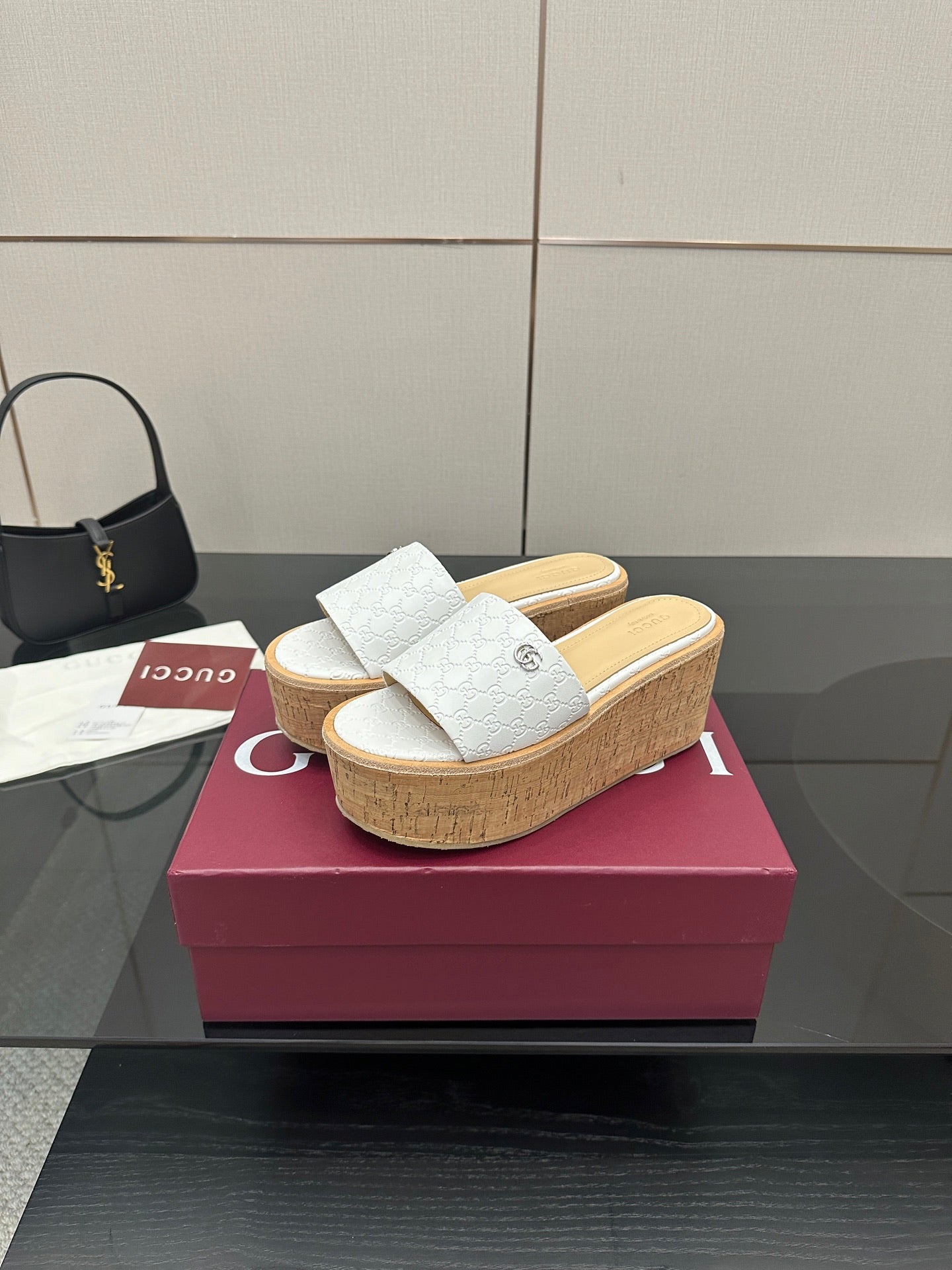 Gucci women's slide sandals, white textured upper, cork platform wedge sole