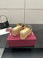 Gucci women’s platform slide sandals, gray GG canvas with cork wedge heel and sole