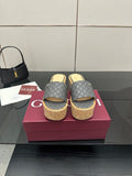 Gucci women’s platform slide sandals, gray GG canvas, cork wedge sole