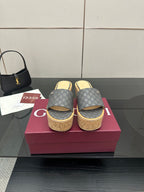 Gucci women’s platform slide sandals, gray GG canvas, cork wedge sole