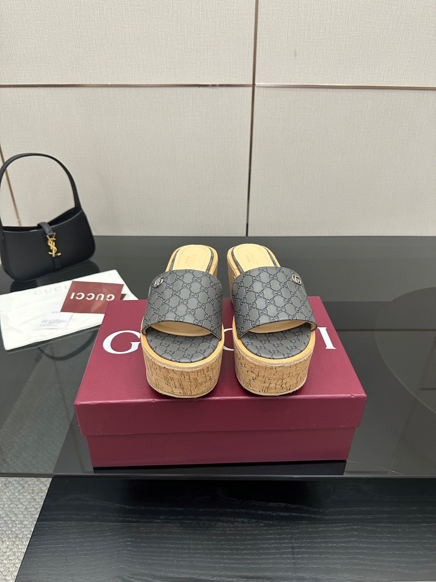 Gucci women’s platform slide sandals, gray GG canvas, cork wedge sole