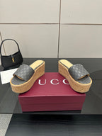 Gucci women’s platform slide sandals, gray GG canvas with cork base and blue trim