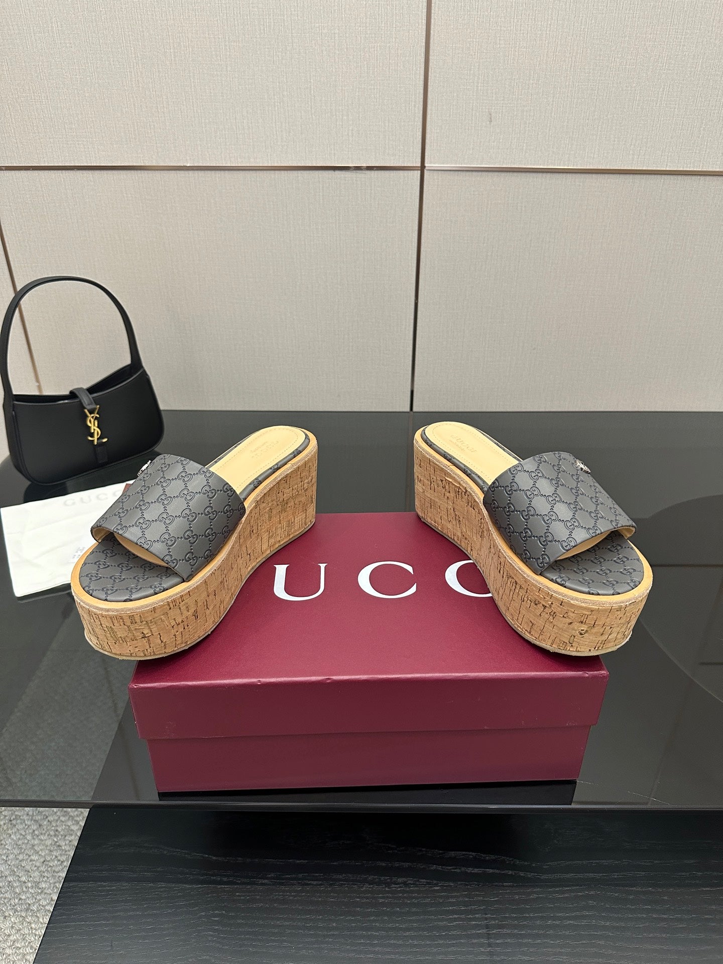 Gucci women’s platform slide sandals, gray GG canvas with cork base and blue trim