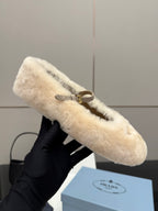 Prada ladies shearling loafer, cream fuzzy upper with gold buckle strap detail