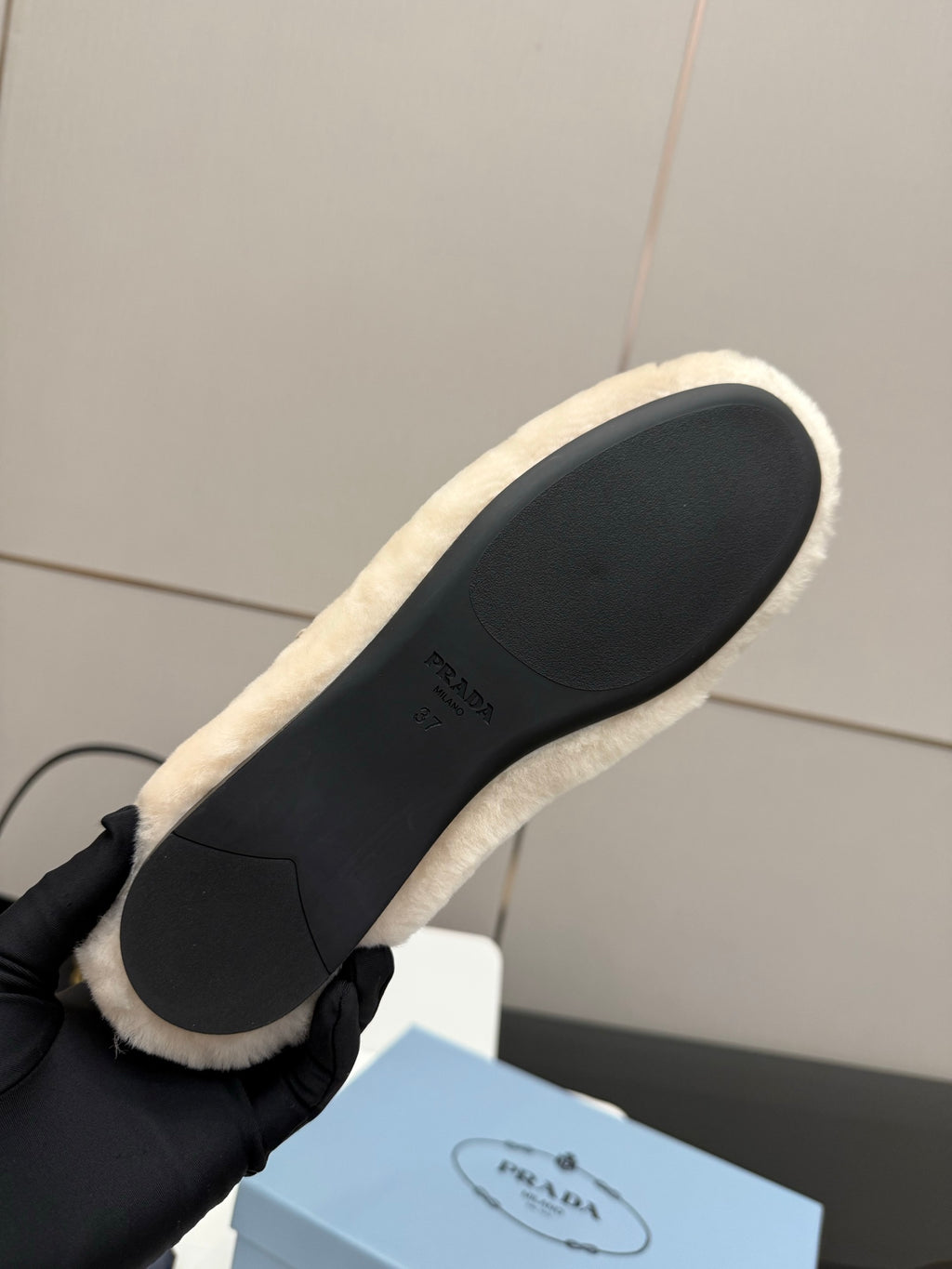 Prada ladies shearling loafer sole, black rubber outsole with Prada lettering