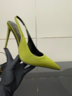 Ladies' lime green slingback stiletto pump close-up, pointed toe and heel