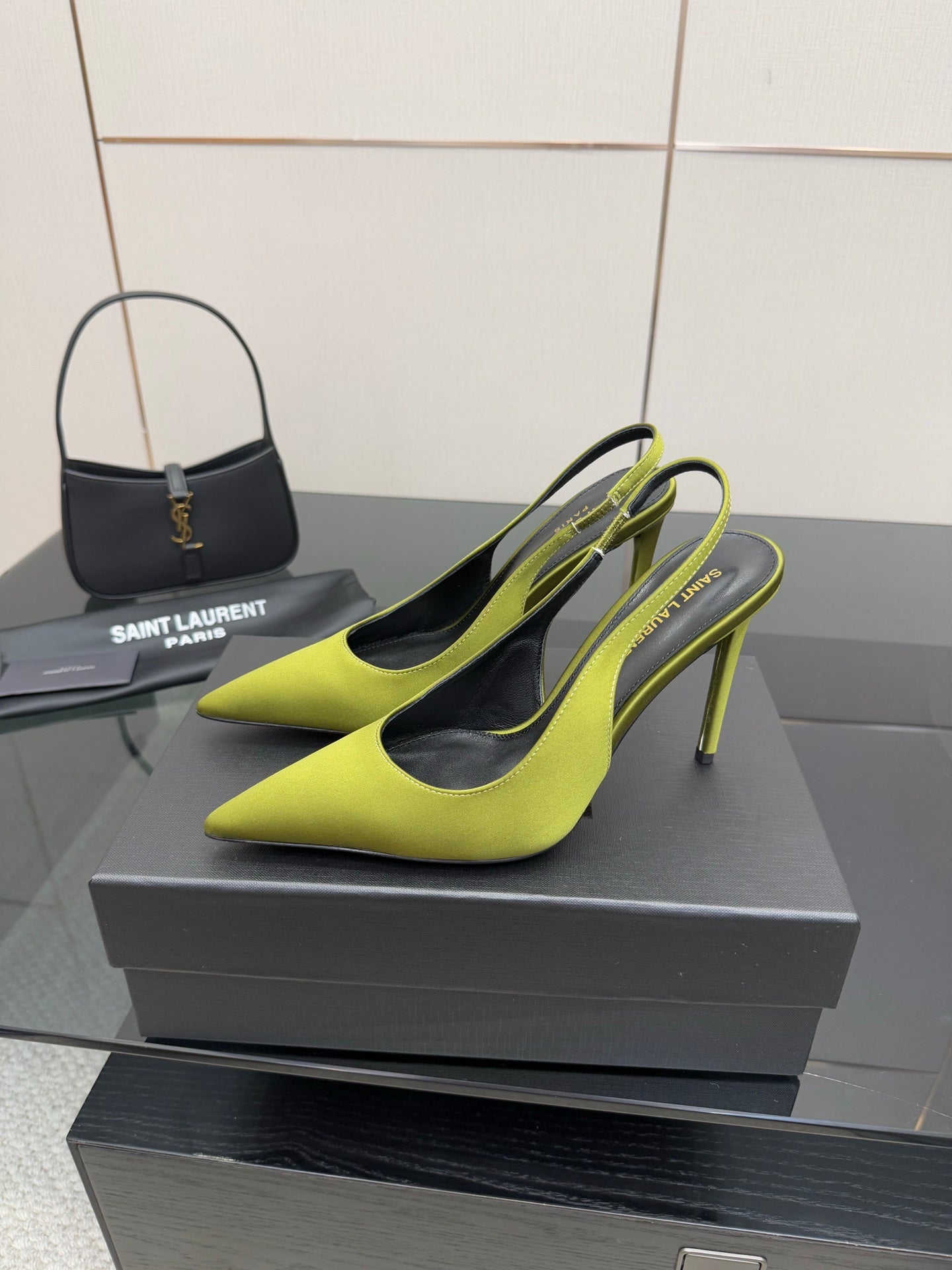 Ladies' lime green pointed-toe stiletto pumps with slingback strap