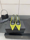 Ladies' lime green slingback stiletto pumps, pointed toe, thin high heel