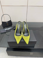 Ladies' lime green slingback stiletto pumps, pointed toe, thin high heel
