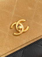 Chanel flap logo on tan leather with gold chain edge