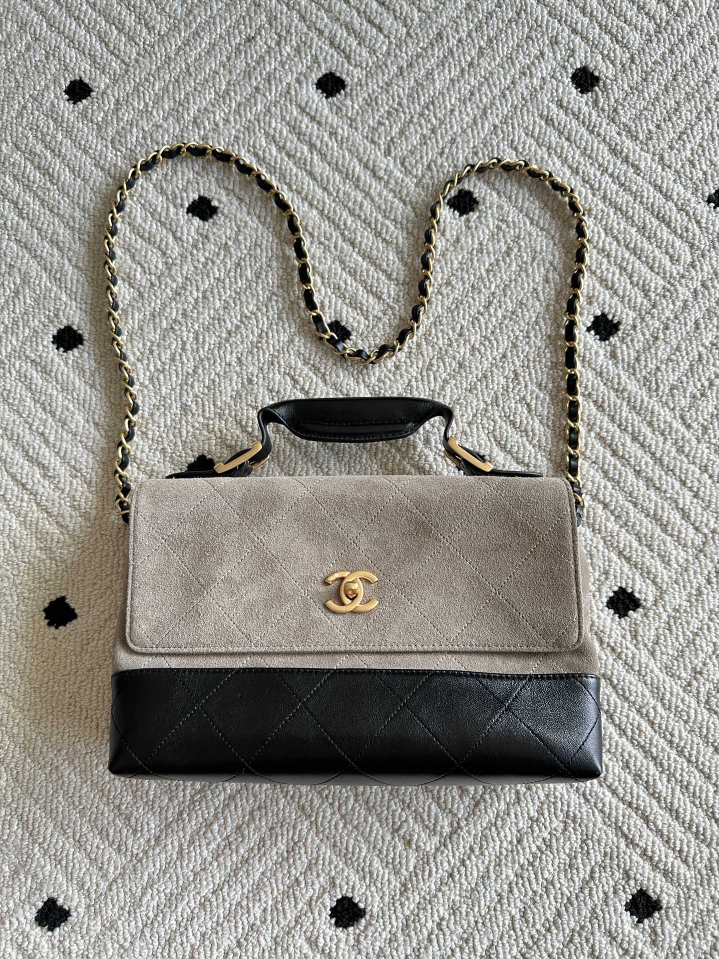 Chanel bag with chain strap, beige flap, black quilted base, gold CC clasp