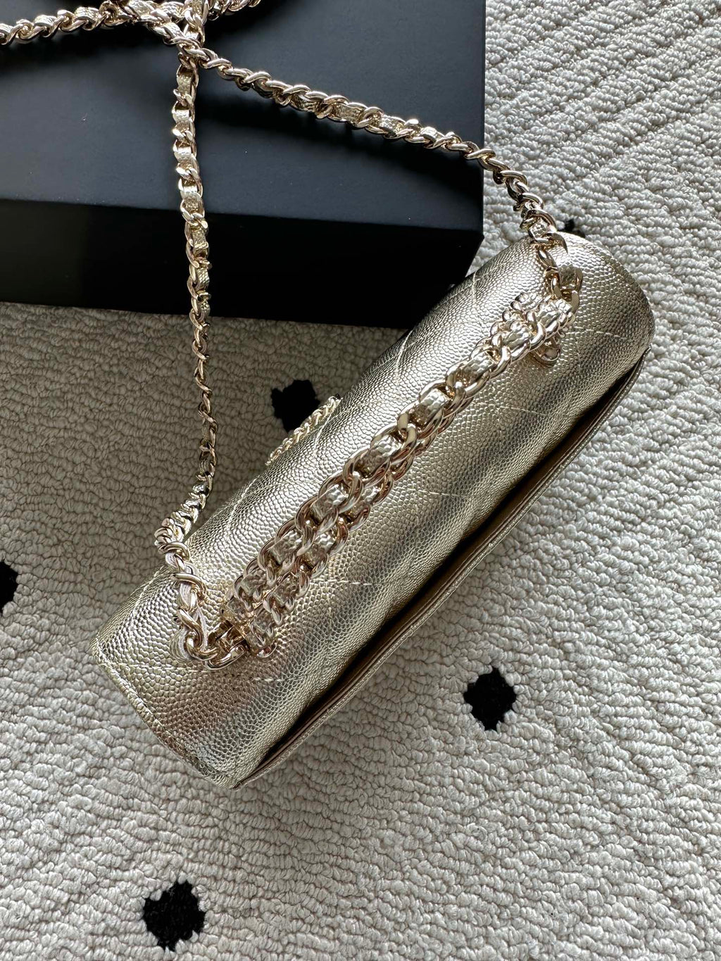 Chanel metallic quilted shoulder bag with chain strap and flap detail