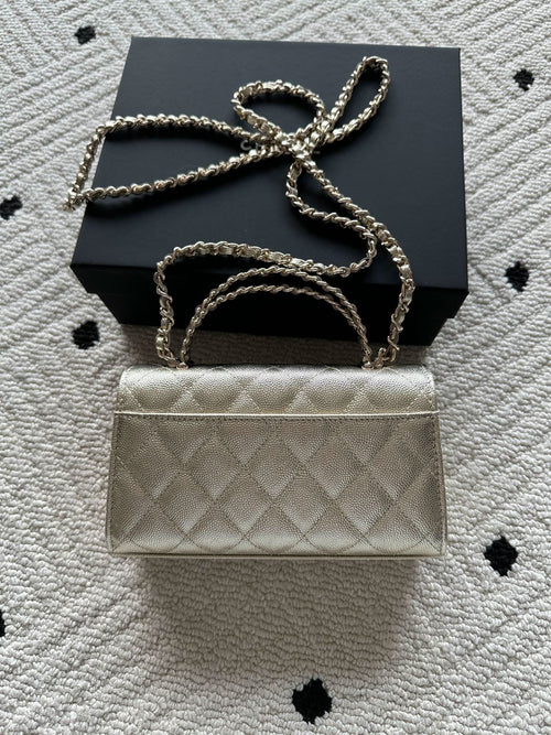Chanel small quilted flap bag with chain strap over the top handle