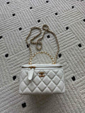 White quilted mini handbag with gold chain strap and CC clasp hardware